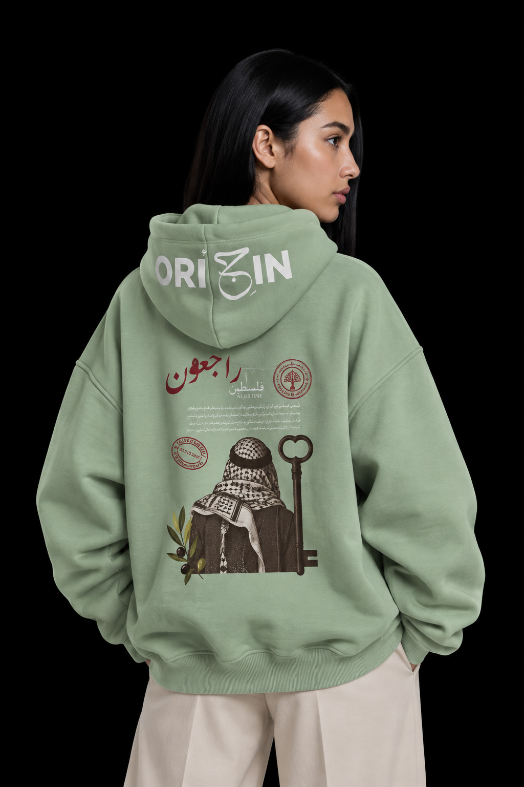Palestine Hoodie — Mint | White Embroidery