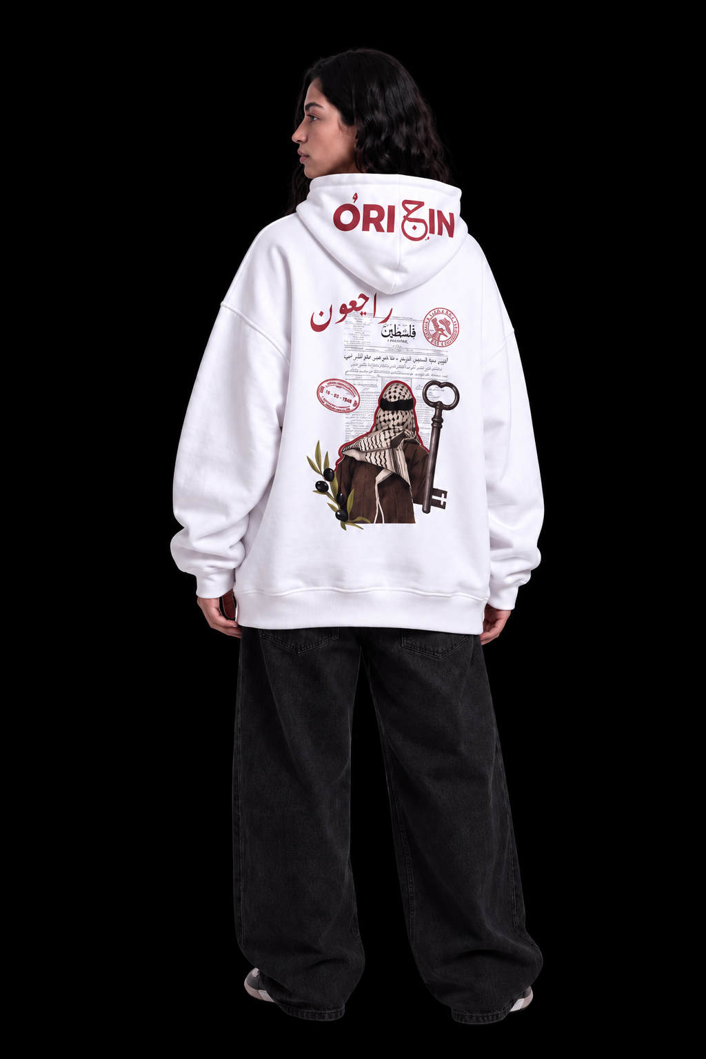 Palestine Hoodie — White | Red Embroidery