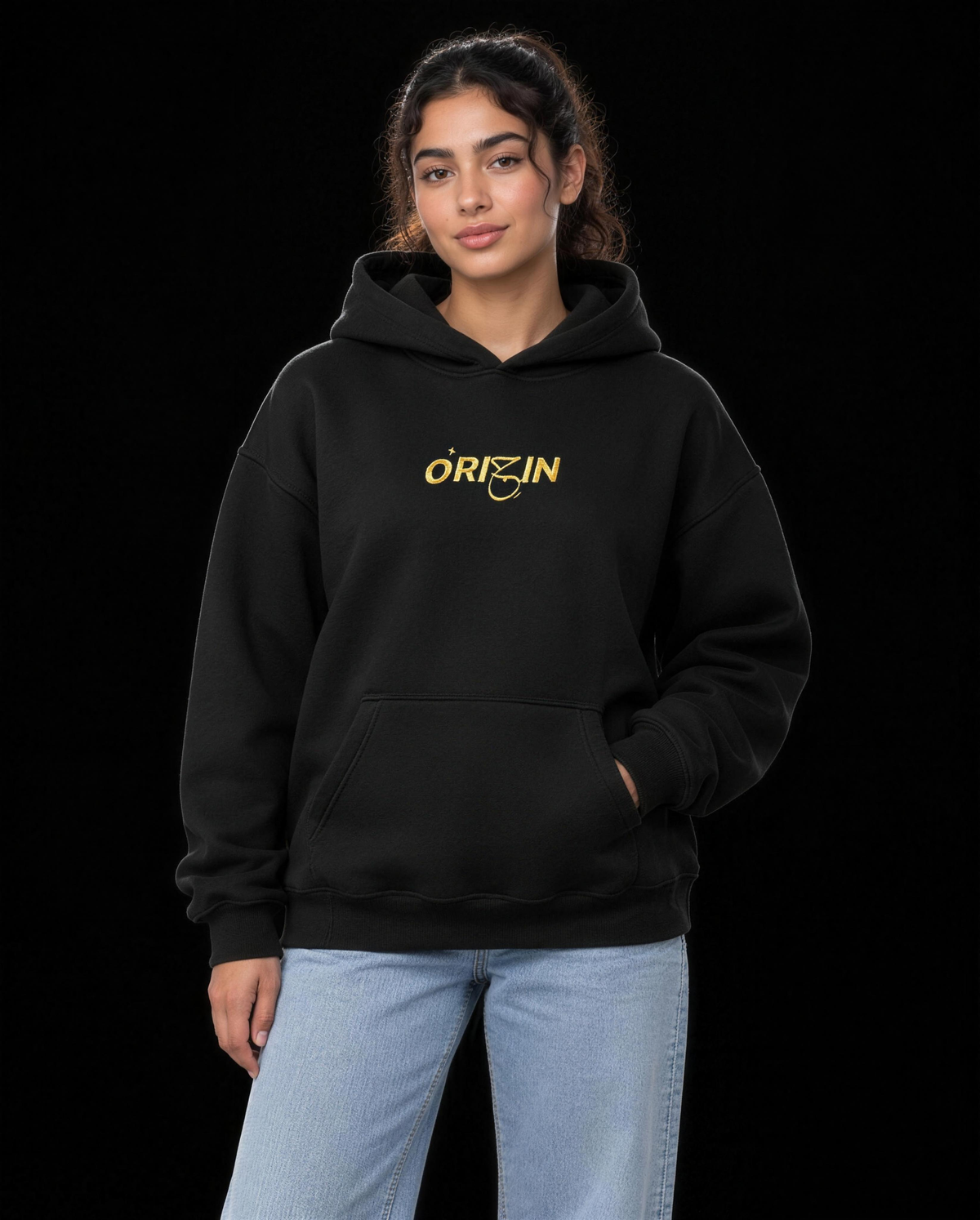 Weld El Sahraa Hoodie Black / Gold – front, gold embroidered Origin logo on the chest