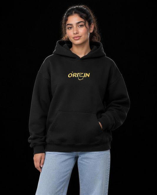 Weld El Sahraa Hoodie Black / Gold – front, gold embroidered Origin logo on the chest